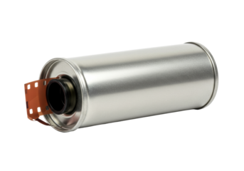 Isolated canister of film, showing a strip of orange, perforated photographic film