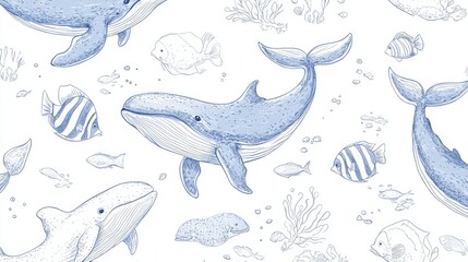 Fototapeta premium 21.Seamless marine pattern with hand drawn cute whales and fish. Sea life. Child drawing style, vector illustration