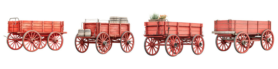 Fototapeta premium Vintage Farm Wagons Set. Watercolor Illustration of Old Wooden Carts Isolated on White Background.