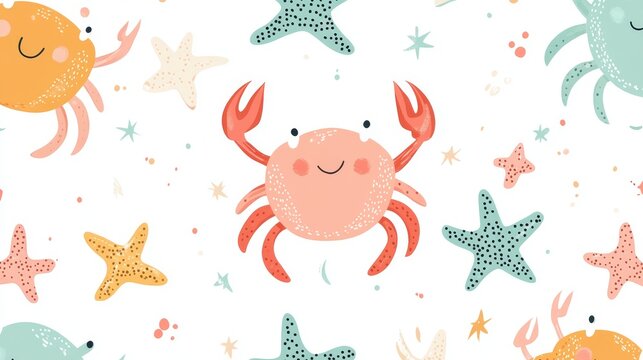 32.Cheerful seamless vector pattern with playful crabs and starfish, drawn in a whimsical, childish style, using bright colors like baby pinks, mint greens, and soft yellows, ideal for creating warm,
