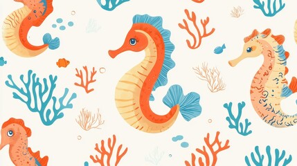 Obraz premium 41.Whimsical pattern of hand-drawn cartoon seahorses in a simple flat style, featuring vibrant colors like turquoise and coral on a light background, perfect for sea-themed decorations or designs.