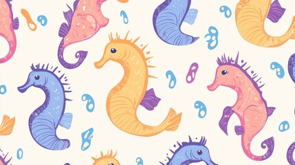 Fototapeta premium 43.Cute and colorful seamless pattern featuring cartoon doodle seahorses, drawn in flat design with soft outlines, bringing a joyful sea animal theme to stickers, wallpapers, and playful designs.