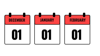 Calendar icon set showing December January and February flat vector illustration for reminders appointments and scheduling