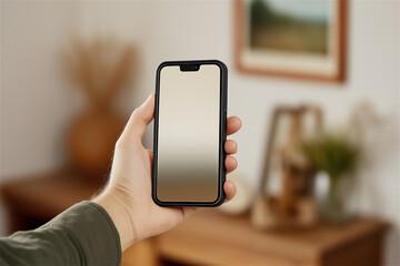 Hand holding smartphone with blank screen indoors, concept of technology, communication and mockup design with copy space.