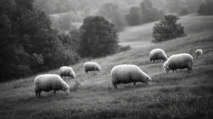 A grayscale photo of sheep grazing on a hillside in a pasture, rural scene