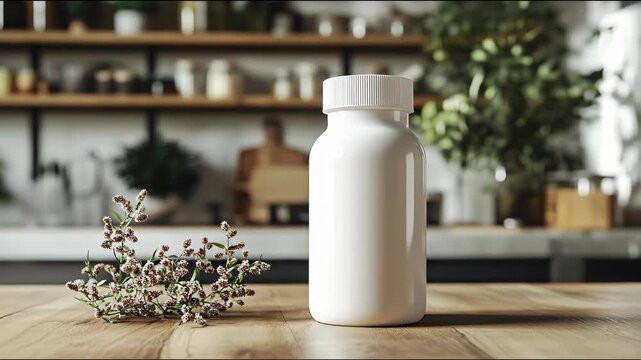 A white supplement bottle stands on a wooden table with a blurred kitchen background and floral elements.