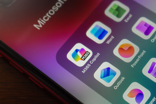 Quito, ECUADOR - Oct 27 2025 :Close-up of Microsoft 365 apps, including Microsoft 365 Copilot, Word, Excel, Outlook, PowerPoint, OneNote, Microsoft Designer, and others.