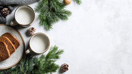 Two cups of milk, bread and fir branches on a white background, top view