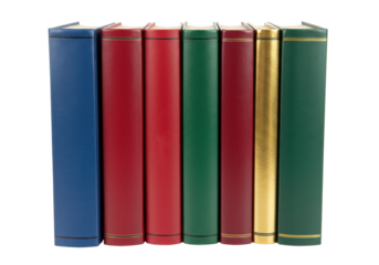 Isolated collection of leather-bound books, blue red and green book spines with gold accents