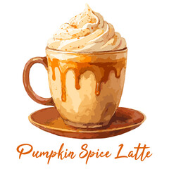pumpkin spice latte in watercolor illustration style, isolated vector on transparent background