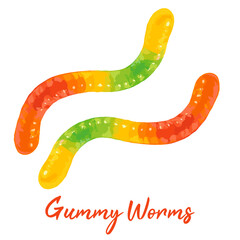 gummy worms candy in watercolor illustration style, isolated vector on transparent background