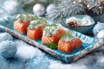 Salmon appetizer on a blue plate with christmas decoration, close up
