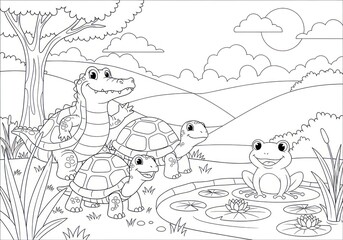 Cartoon crocodile turtle frog landscape coloring page illustration