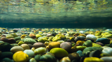 riverbed. Colorful pebbles on a riverbed under clear shallow water with sunlight refraction. ESG reports, sustainability campaigns, designed for environmental awareness campaigns.