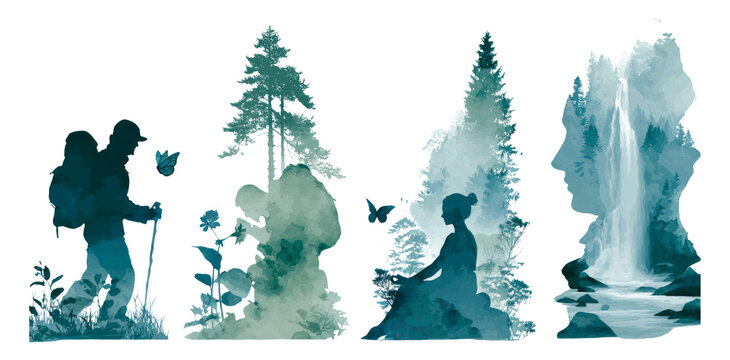 Beautiful Watercolor Nature Scenes with Hiker, Flowers, and Waterfall Elements