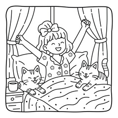 Happy Girl Stretching in Bed with Two Cats | Cute Cozy Coloring Page