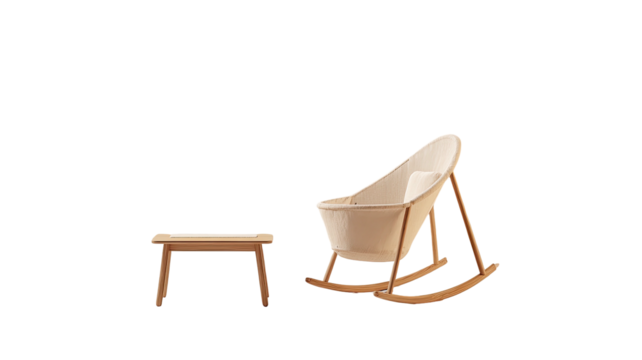 Beige cradle and stool with wooden frames on dark studio background