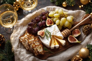 Festive cheese board with brie, figs, grapes, bread, and white wine