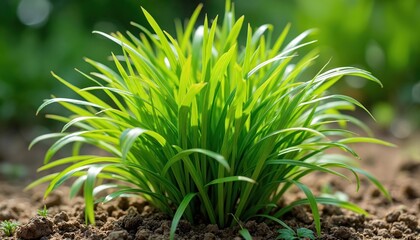 Fresh citronella grass clump grows in ground. Bright green lemongrass herb thrives in garden. Aromatic plant used in essential oils for healthy living, mosquito repellent purposes. Eco friendly