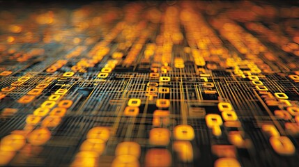 Abstract Digital Background with Binary Codes on Circuit Board Pattern in Soft Focus Representation of Data and Technology