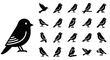 A collection of simple black bird icons depicted in various poses. Set of stylized songbird vector silhouettes for graphic design