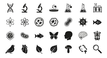 Biology and science icon set. A diverse collection of glyphs representing nature, anatomy, and laboratory research for various creative projects