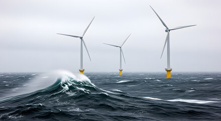 Offshore wind turbines generating renewable energy amidst large ocean waves during a storm.