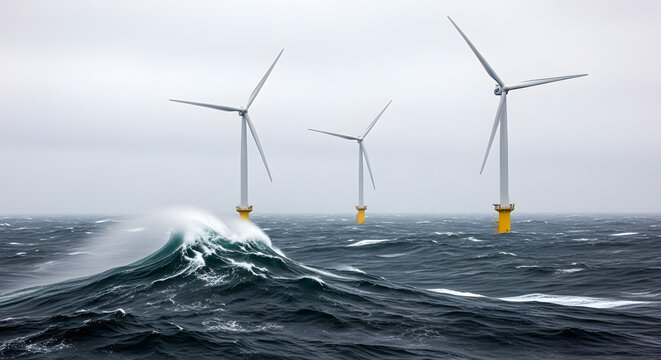Offshore wind turbines generating renewable energy amidst large ocean waves during a storm. - Powered by Adobe