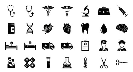 A comprehensive collection of flat medical and healthcare icons for web and print design. This vector set includes various scientific and hospital symbols