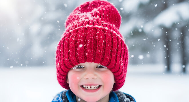 Happy young boy smiling in red knit hat during snowy winter day  