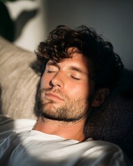 Obraz premium man resting on couch eyes closed soft sunlight relaxation