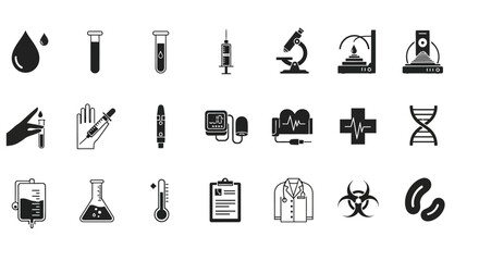 A collection of black outline icons representing medical, scientific laboratory, and healthcare concepts and equipment