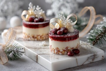 Festive christmas desserts with cranberries and ribbons on marble board