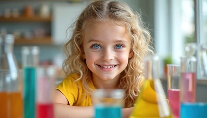 Young girl in yellow shirt smiles with test tubes. Girl does science experiment with colorful liquids in laboratory. Child explores chemistry with fun and curiosity.