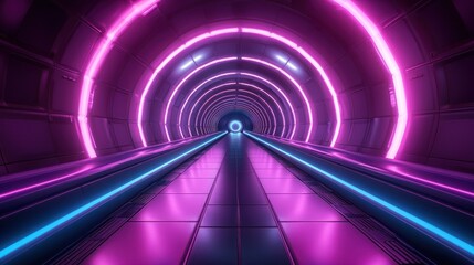 Neon-lit futuristic tunnel with glowing rails and a bright end point