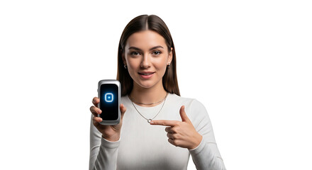 Woman Presenting a Mobile App on Smartphone with Focus on Interface Display