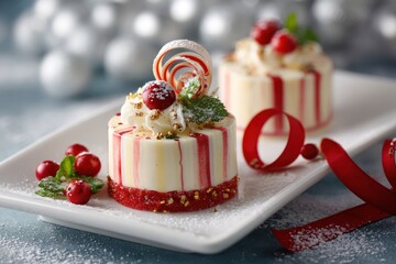 Festive christmas desserts with cranberries and ribbons on white plate