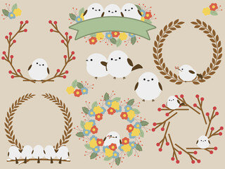 かわいいシマエナガと植物のフレームセット