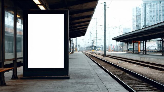 A blank advertisement billboard stands on a train station platform next to the tracks.