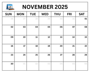 Black and White November 2025 Calendar — Minimal Monthly Planner with Clean Grid Layout Designed with clean lines and clear typography for easy reading and printing. Perfect for office, business