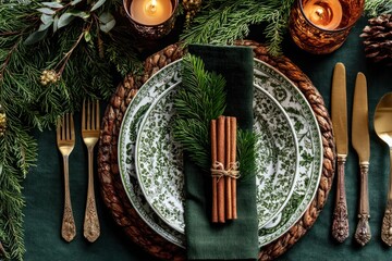 Festive christmas table setting with candles and natural decorations