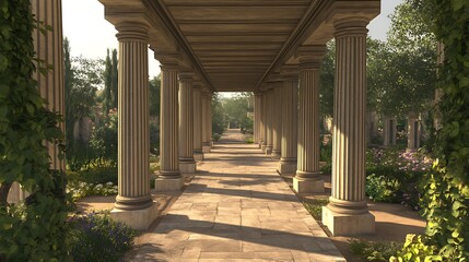 Xystus (covered walkway) framed by Corinthian columns and open gardens beyond