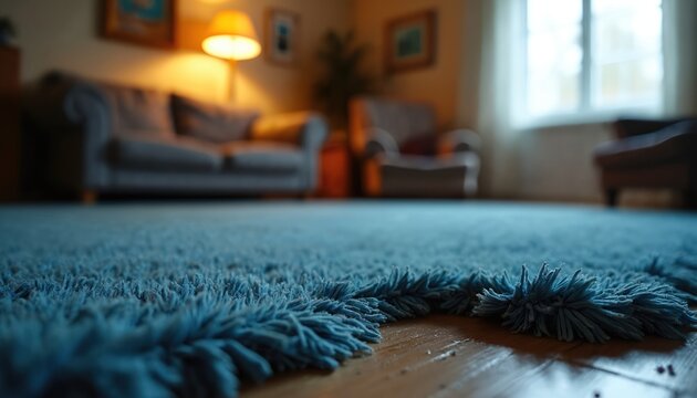 Close up blue shag carpet texture. Frayed rug edge on wood floor in cozy living room. Soft warm light, blurred sofa, armchair, lamp, window. Old house decor shows domestic life, comfort. - Powered by Adobe