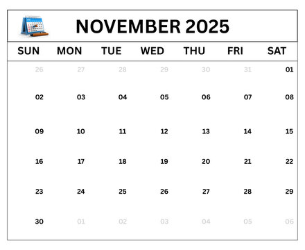 Elegant and minimal monthly planner for November 2025 featuring a soft beige and white background. Perfect for home, office, or digital use. Ideal for printing, journaling, productivity, time manage