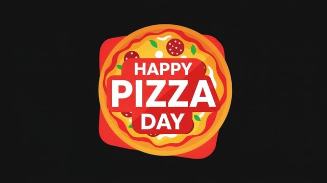Happy Pizza Day animated graphic with pepperoni cheese and basil on black background celebration 4K Ai HD video.	
