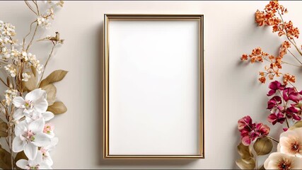 Elegant golden frame with white space surrounded by a beautiful arrangement of various flowers and foliage on a light background, perfect for mockups. - Powered by Adobe