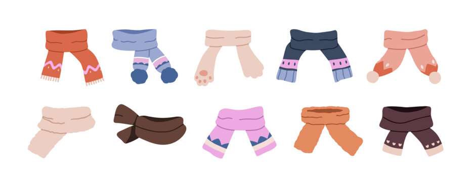 Scarf set. Cold winter season neck accessories. Warm woolen soft scarves wrapped. Wool knitted clothes, knitwear with fringe, pompom, pattern. Flat vector illustration isolated on white background