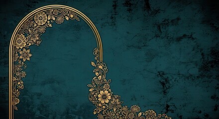 Golden Floral Ornament with Decorative Design on Teal Background