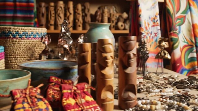A diverse display of handmade items woven baskets, ceramic bowls, wooden carvings, and colorful textiles create an artisan scene