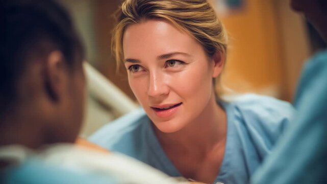 Midwife gently guiding a mother through labor positions while explaining comfort strategies, illustrating professional care, emotional support, and the natural process of childbirth preparation.